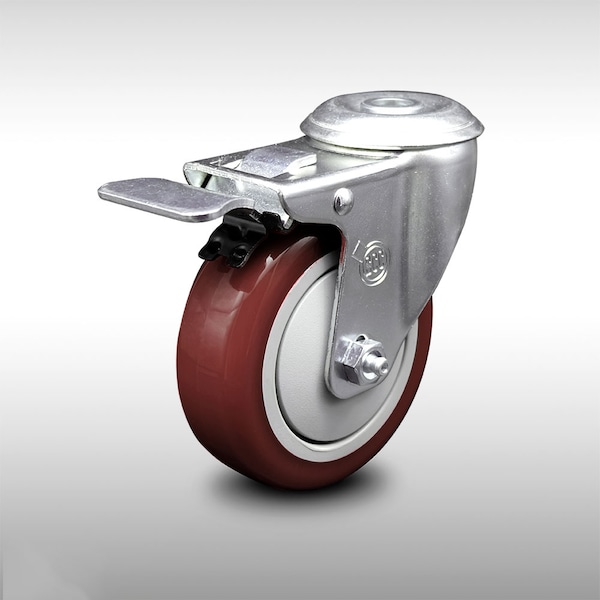 4 Inch SS Maroon Polyurethane Swivel Bolt Hole Caster with Total Lock Brake SCC